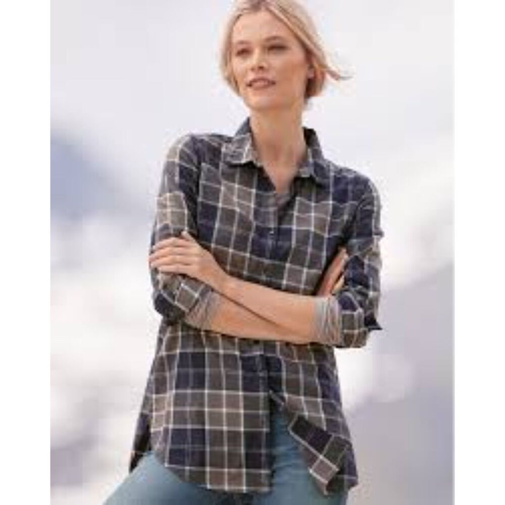 Garnet Hill Grey Brown Plaid Tunic Button Front Top Size 6 Organic Cotton